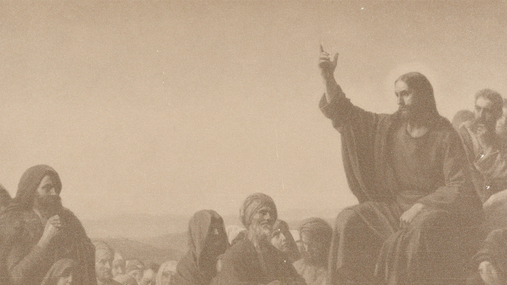 Sepia campaign artwork depicting Jesus teaching a crowd