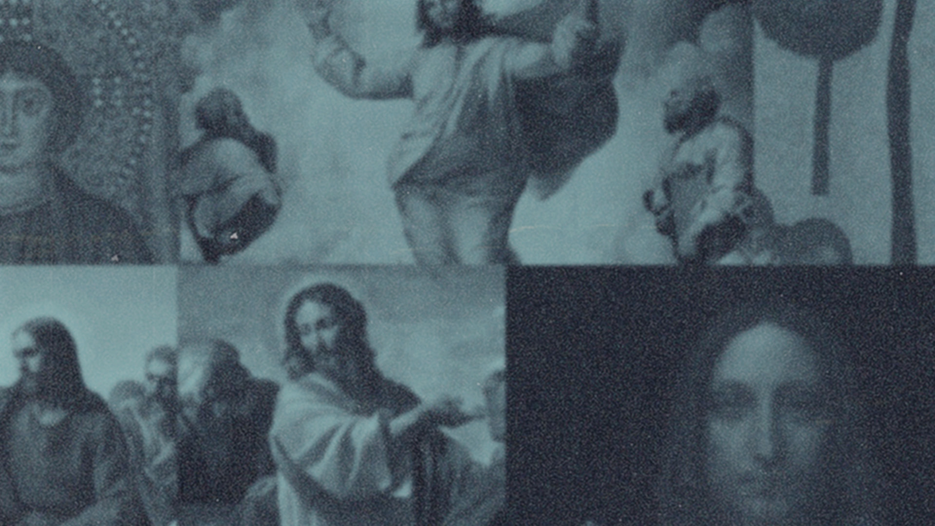 Blue-toned collage of historic depictions of Jesus
